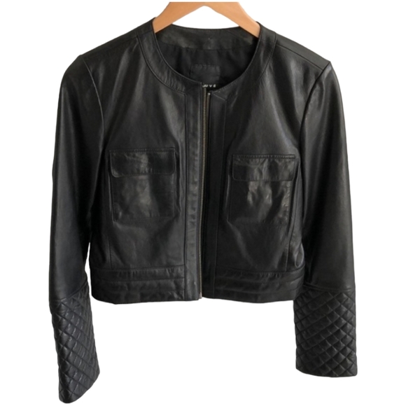 Trouve Leather Moto Collarless Quilted Sleeve Jacket Black Size: XS - Picture 7 of 16